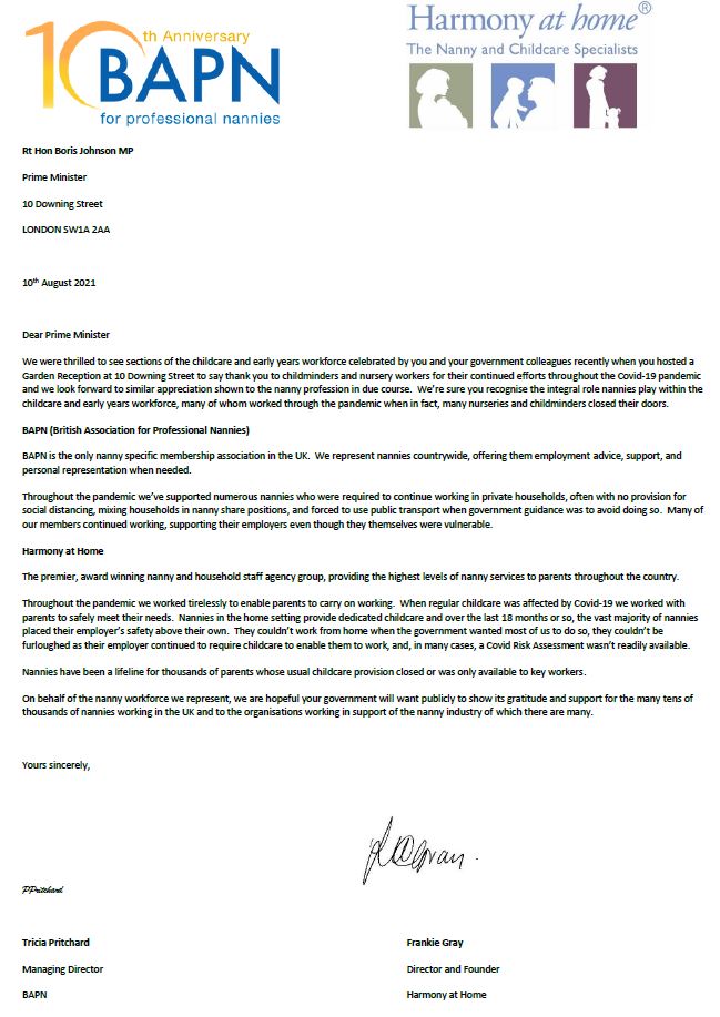 BAPN and Harmony at Home today wrote to the Prime Minister in support of nannies, urging recognition for their sterling work during the global pandemic.